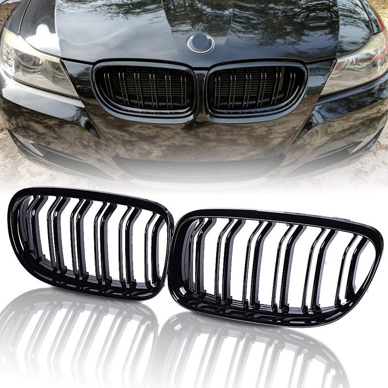 runmade Pair Front Hood Bumper Kidney Grille Center Grill Compatible with BMW 3 Series Sedan 320i 325i 328i 330i 335i (Glossy Black, Double Line, 2009-2011 E90 Sedan) - Image 1